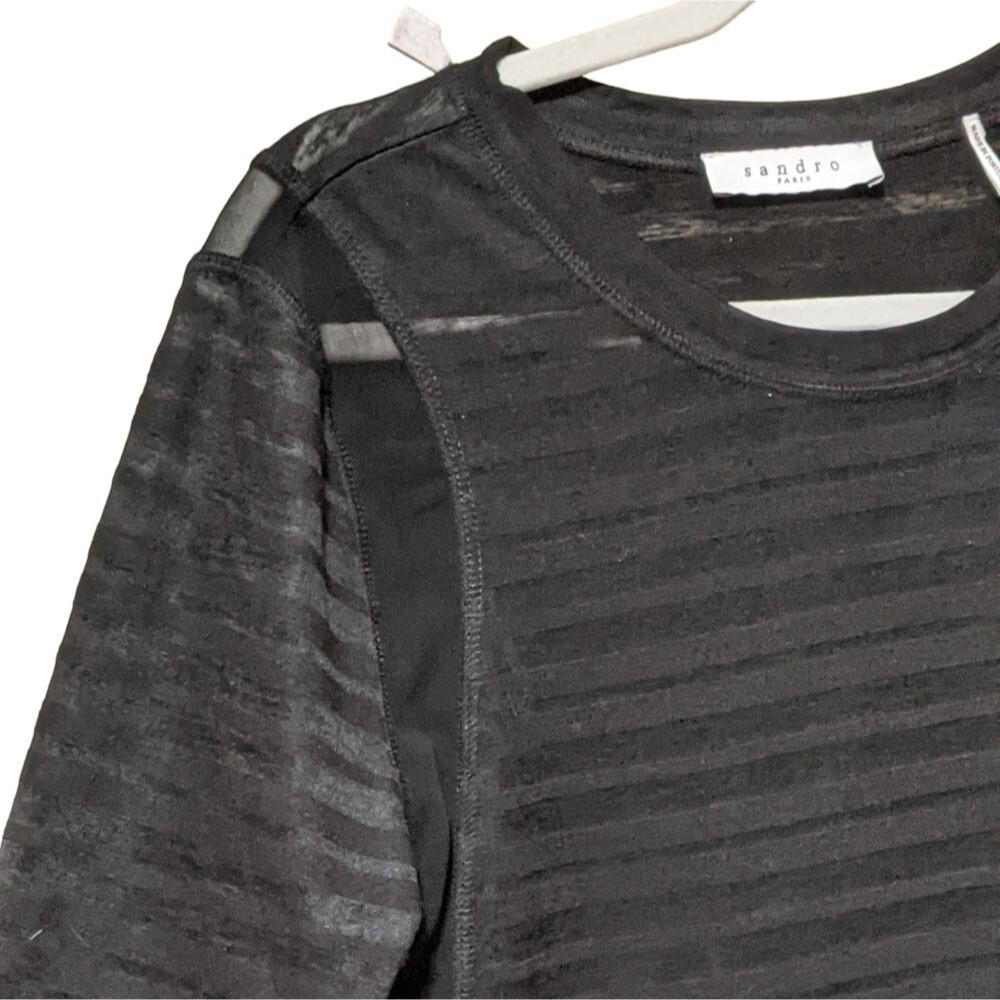 Sandro Paris Pull over sweater long sleeve sheer striped shirt top black FLAW S